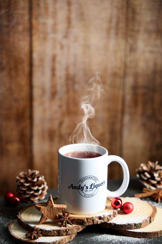 Andy's Liquors Keramiktasse Weiß mit Logo