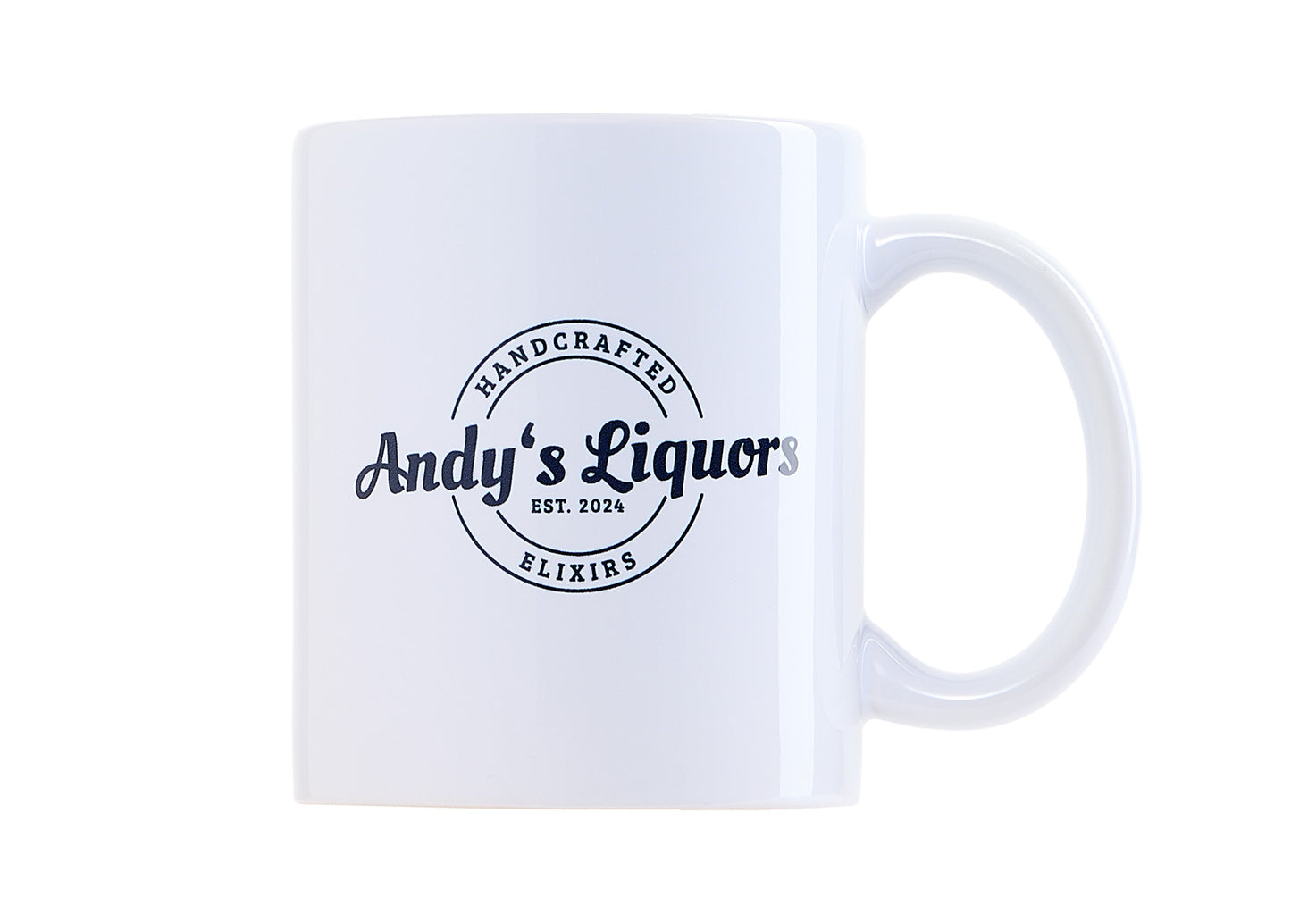 Andy's Liquors Keramiktasse Weiß mit Logo